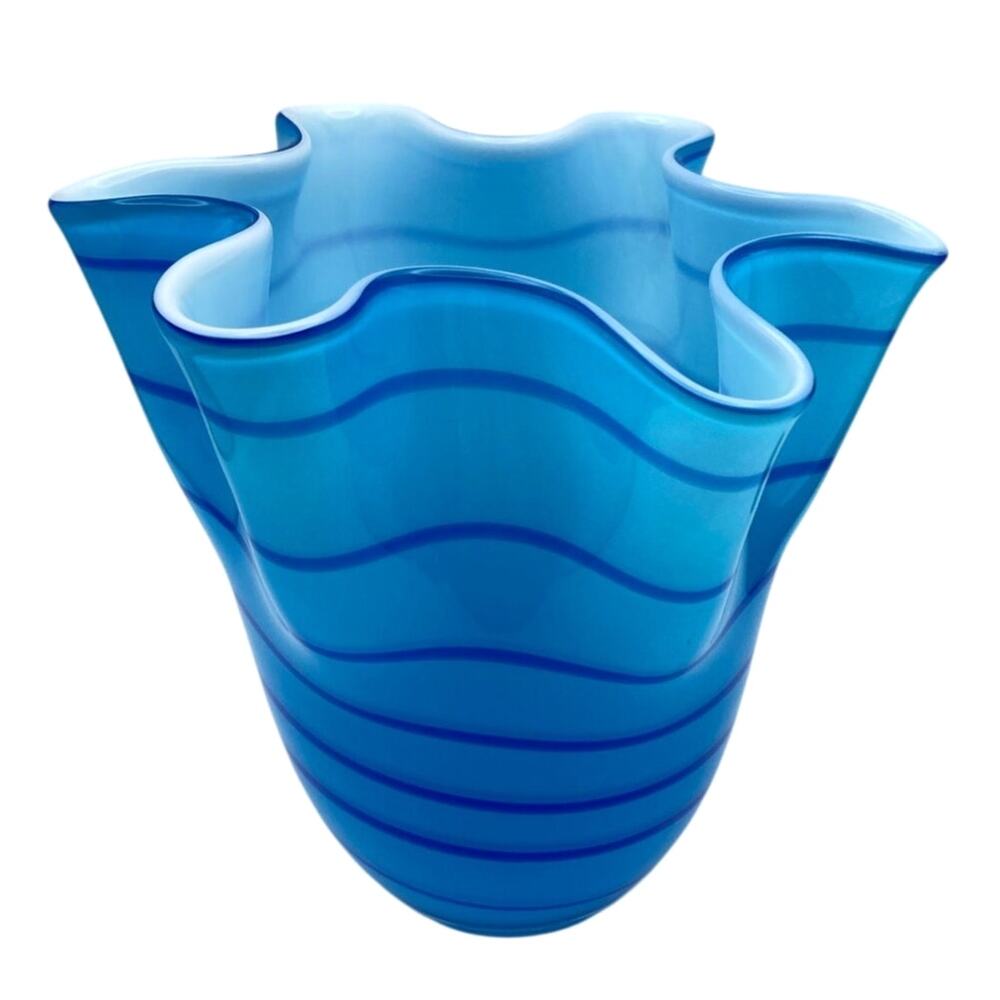 Blue Vase Hand Blown Art Glass Stripped Handkerchief 7" Tall  - MCM Style